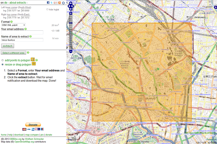 Planet.osmデータ抽出操作画面は操作パネルと地図で構成されています。