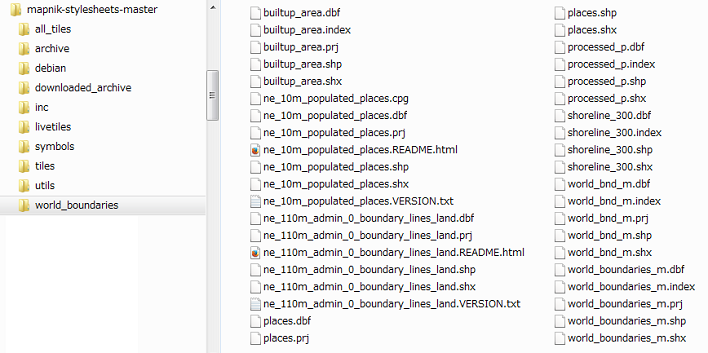 「world_boundaries」フォルダの直下に境界線情報ファイルなどが配置されています。